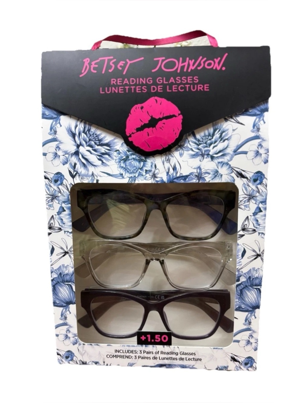 BETSEY JOHNSON WOMEN 3 PACK BOX READING GLASSES READERS +1.50 DESIGNER CAT EYE